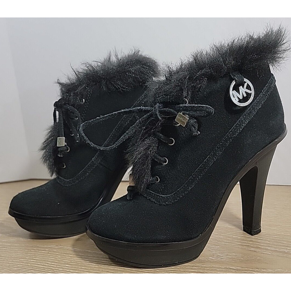 Michael Kors Boots Women's 5M Carlie Fur Trim High Heels Ankle Lace Up Black